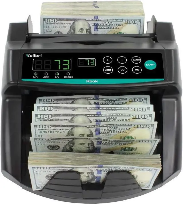 Alt view image 2 of 4 - Kolibri Rook Money Counter with UV/MG/IR Counterfeit Detection  Count, Add & Batch Modes, Fast Bill Counter with a Speed of 1,400 Notes Per Minute - US Dollar Cash Counter with Dual LED Display