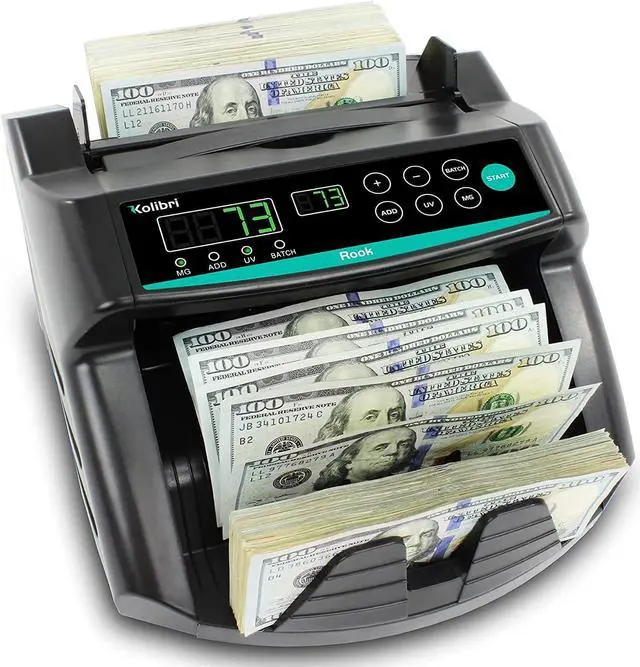Main image of Kolibri Rook Money Counter with UV/MG/IR Counterfeit Detection  Count, Add & Batch Modes, Fast Bill Counter with a Speed of 1,400 Notes Per Minute - US Dollar Cash Counter with Dual LED Display