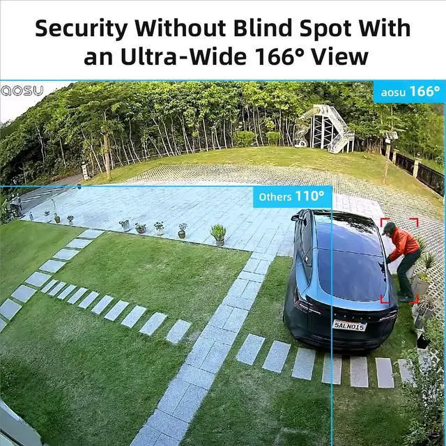 Alt view image 4 of 6 - AOSU Solar Security Cameras Wireless Outdoor, 2K Solar Powered Camera, Battery Camera with Spotlight & Siren, 166° Ultra Wide Angle, No Monthly Fee, AI Detection, Work with Alexa & Google Assistant