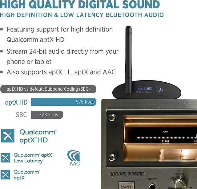 Alt view image 4 of 7 - Auris Blume HD Long Range Bluetooth 5.0 Music Receiver Hi-Fi Audio Adapter with Audiophile DAC & AptX HD for Home Stereo, AV Receiver or Amplifier