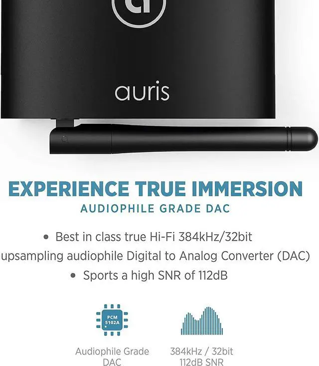 Alt view image 5 of 7 - Auris Blume HD Long Range Bluetooth 5.0 Music Receiver Hi-Fi Audio Adapter with Audiophile DAC & AptX HD for Home Stereo, AV Receiver or Amplifier