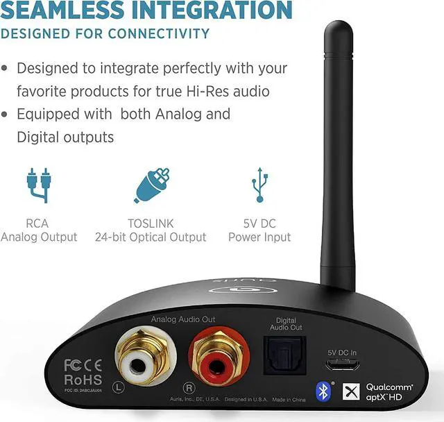 Alt view image 6 of 7 - Auris Blume HD Long Range Bluetooth 5.0 Music Receiver Hi-Fi Audio Adapter with Audiophile DAC & AptX HD for Home Stereo, AV Receiver or Amplifier