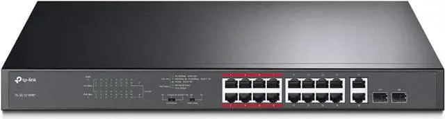 Main image of TP-Link 16 Port 10/100Mbps Fast Ethernet PoE Switch | 16 PoE+ Ports @194W, w/ 2 Uplink Gigabit Ports + 2 Combo SFP Slots | Limited Lifetime Protection | Extend Mode | Priority Mode (TL-SL1218MP)