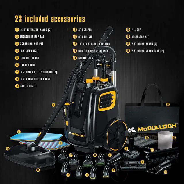 Alt view image 2 of 7 - McCulloch MC1385 Deluxe Canister Steam Cleaner with 23 Accessories, Chemical-Free Pressurized Cleaning for Most Floors, Counters, Appliances, Windows, Autos, and More, 1-(Pack), Black