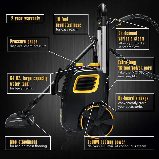 Alt view image 3 of 7 - McCulloch MC1385 Deluxe Canister Steam Cleaner with 23 Accessories, Chemical-Free Pressurized Cleaning for Most Floors, Counters, Appliances, Windows, Autos, and More, 1-(Pack), Black