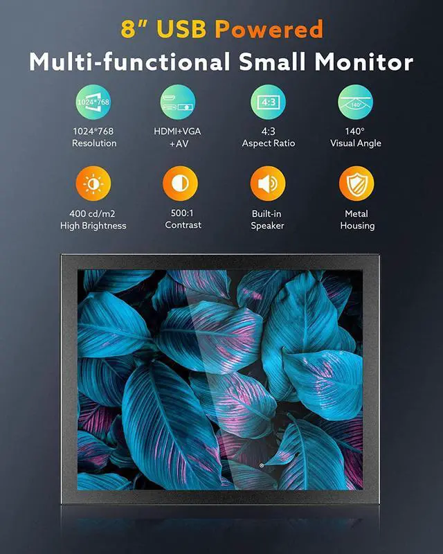Alt view image 2 of 7 - Eyoyo 8 inch Small Mini Monitor 1024x768 Resolution Car Rear View TFT LCD Screen Display with HDMI/VGA/AV Video Input for PC DVD DVR CCD 140 Degree Wide Angle Metal Housing