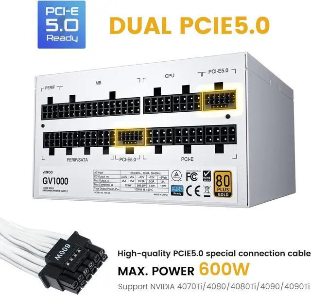 Alt view image 2 of 7 - 1000W Power Supply ATX 3.0 Ready Dual PCIe 5.0, White ATX Gaming 80 Plus Gold Full Modular Standard Compact Size PSU, 100% Japanese 105°C Capacitors, Eco Mode w/ 120mm FDB Fan