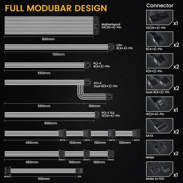Alt view image 6 of 7 - 1000W Power Supply ATX 3.0 Ready Dual PCIe 5.0, Black ATX Gaming 80 Plus Gold Full Modular Standard Compact Size PSU, 100% Japanese 105°C Capacitors, Eco Mode w/ 120mm FDB Fan