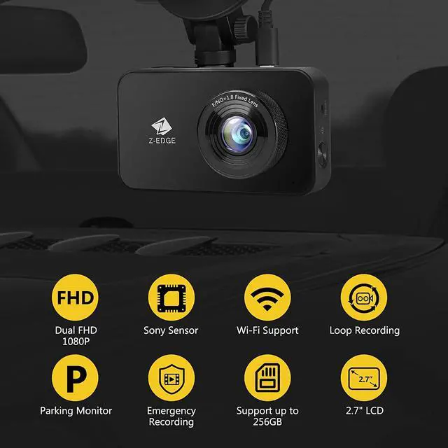 Alt view image 2 of 7 - Z-Edge WiFi Dash Cam, 1920x1080P FHD, Front and Rear Dash Cam, Dual Cam, Car DVR, Night Vision, Parking Mode, G-Sensor, Loop Recording
