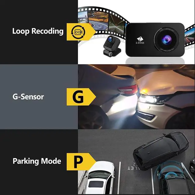Alt view image 6 of 7 - Z-Edge WiFi Dash Cam, 1920x1080P FHD, Front and Rear Dash Cam, Dual Cam, Car DVR, Night Vision, Parking Mode, G-Sensor, Loop Recording