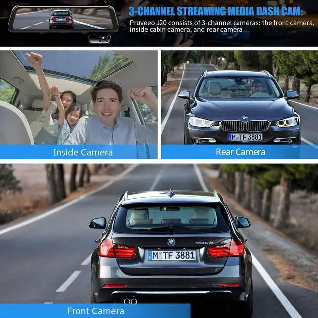 Alt view image 2 of 7 - PRUVEEO 12'' Triple Mirror Dash Cam, Front Inside and Rear 3 Channel Full Touch Screen Rear View Mirror Backup Camera, IR Night Vision(Sony Sensor), GPS, Parking Assistance, with 64GB Card