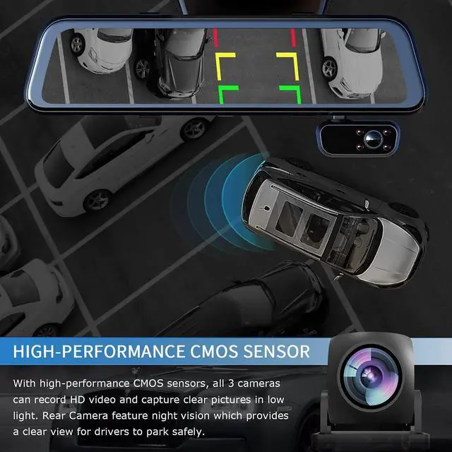 Alt view image 5 of 7 - PRUVEEO 12'' Triple Mirror Dash Cam, Front Inside and Rear 3 Channel Full Touch Screen Rear View Mirror Backup Camera, IR Night Vision(Sony Sensor), GPS, Parking Assistance, with 64GB Card