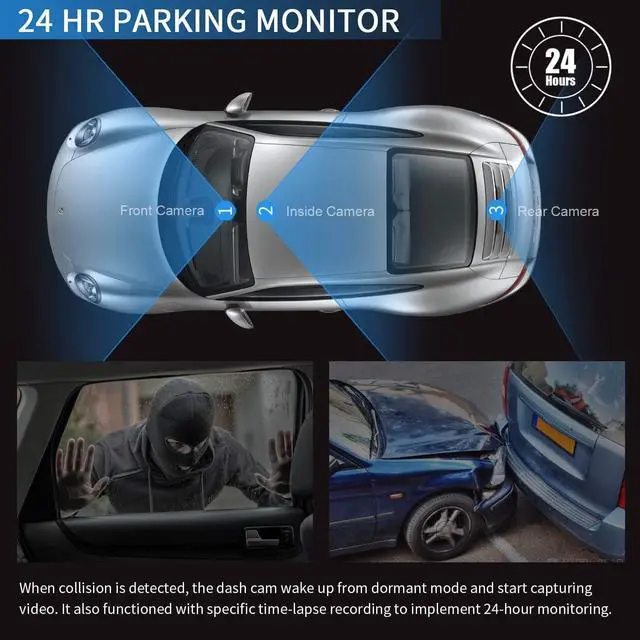 Alt view image 6 of 7 - PRUVEEO 12'' Triple Mirror Dash Cam, Front Inside and Rear 3 Channel Full Touch Screen Rear View Mirror Backup Camera, IR Night Vision(Sony Sensor), GPS, Parking Assistance, with 64GB Card