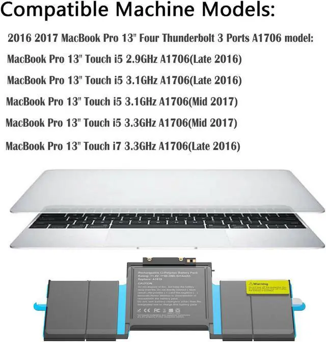Alt view image 5 of 5 - A1819 Battery for MacBook Pro 13 inch A1706 Late 2016 Mid 2017 MLH12LL MLH12LL/A