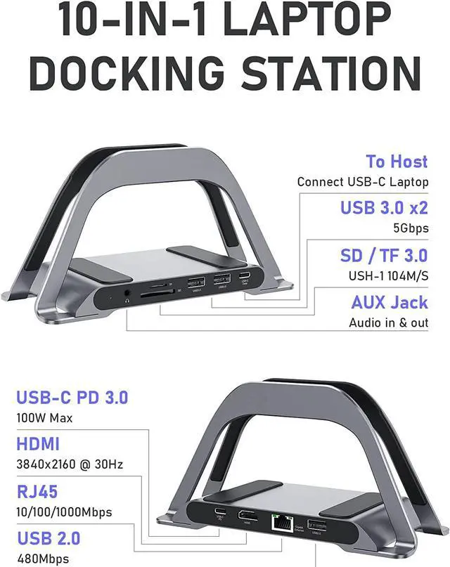 Alt view image 2 of 7 - MacBook Docking Station, USB C Docking Station with Vertical Stand Compatible with MacBook Pro and Air, with 4K HDMI, 3 USB, SD/TF, PD3.0, RJ45 Ethernet, 3.5mm Audio, for HP/Dell/Lenovo laptops