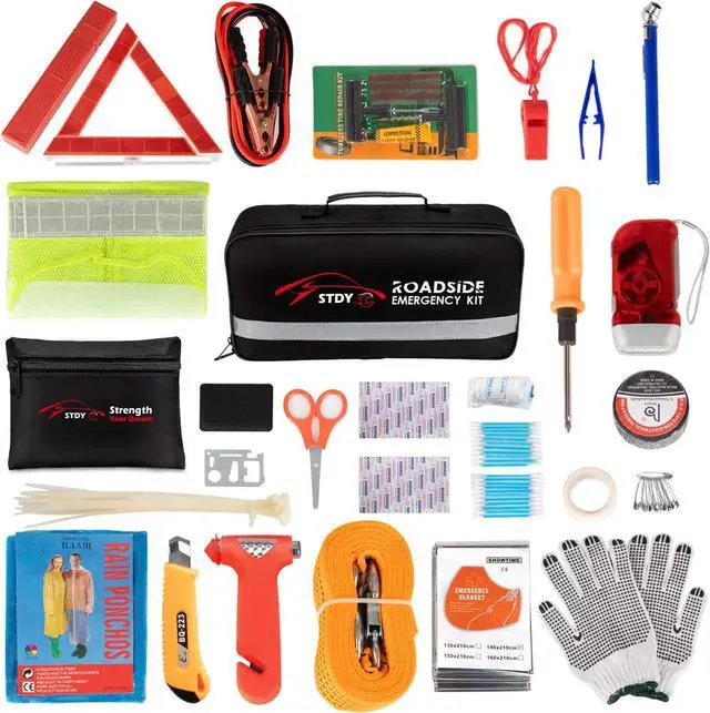 Main image of Car Roadside Emergency Kit, Auto Vehicle Truck Safety Emergency Road Side Assistance Kits with Jumper Cables, First Aid Kit, Tow Rope, Reflective Triangle, Tire Pressure Gauge, Wheel Repair, etc