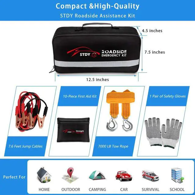 Alt view image 2 of 7 - Car Roadside Emergency Kit, Auto Vehicle Truck Safety Emergency Road Side Assistance Kits with Jumper Cables, First Aid Kit, Tow Rope, Reflective Triangle, Tire Pressure Gauge, Wheel Repair, etc