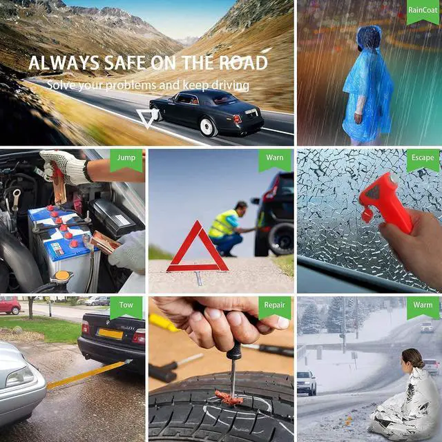Alt view image 7 of 7 - Car Roadside Emergency Kit, Auto Vehicle Truck Safety Emergency Road Side Assistance Kits with Jumper Cables, First Aid Kit, Tow Rope, Reflective Triangle, Tire Pressure Gauge, Wheel Repair, etc