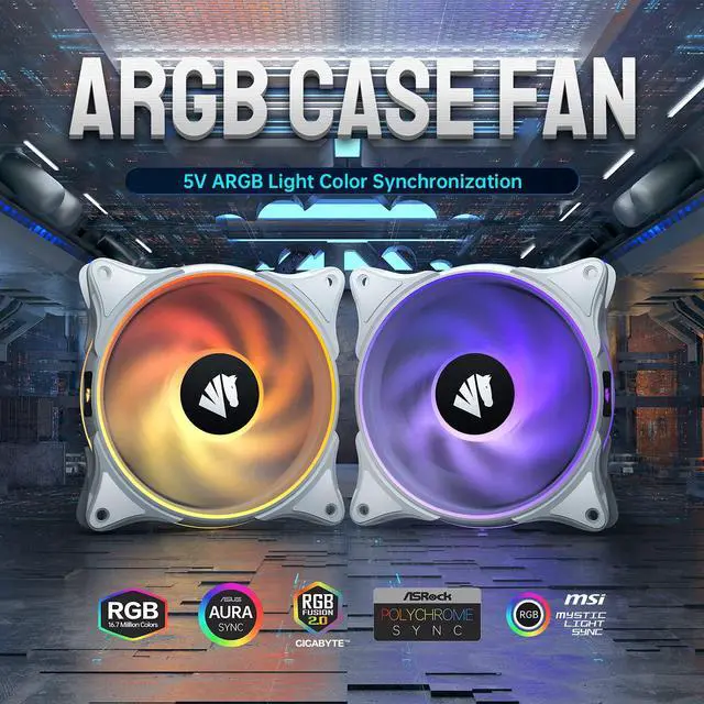 Alt view image 2 of 7 - FS9002 Pro 120mm PWM PC Case Fan, Adjustable Speed of 800-1800rpm, Double LED Lingting Loops, 5V 3-pin ARGB Header Motherboard Aura SYNC with Hub and Remote - White 5pack