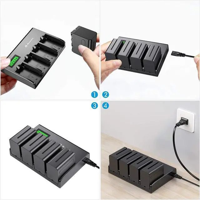 Alt view image 5 of 7 - 4 Pack Batteries and 4-Channel Charger for Sony NP-F970, NP-F960, NP-F950, NP-F930, NP-F770, NP-F750, NP-F570, NP-F550