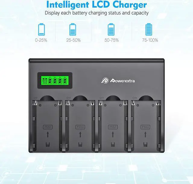 Alt view image 4 of 7 - 4 Pack Batteries and 4-Channel Charger for Sony NP-F970, NP-F960, NP-F950, NP-F930, NP-F770, NP-F750, NP-F570, NP-F550