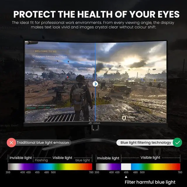 Alt view image 7 of 7 - CRUA 27" 144hz/165HZ Curved Gaming Monitor, Full HD 1080P 1800R Frameless Computer Monitor, 1ms GTG with FreeSync, Low Motion Blur, Eye Care, VESA, DisplayPort, HDMI, Black