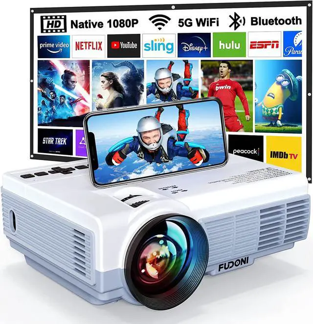 Main image of Projector with WiFi and Bluetooth, 5G WiFi Native 1080P 9500L 4K Supported, FUDONI Portable Outdoor Projector with Screen for Home Theater, Compatible with HDMI/USB/PC/TV Box/iOS and Android Phone