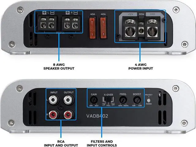 Alt view image 2 of 7 - NVX VAD8402 840W RMS Full Range Class D 2-Channel Car/Marine/Powersports Amplifier