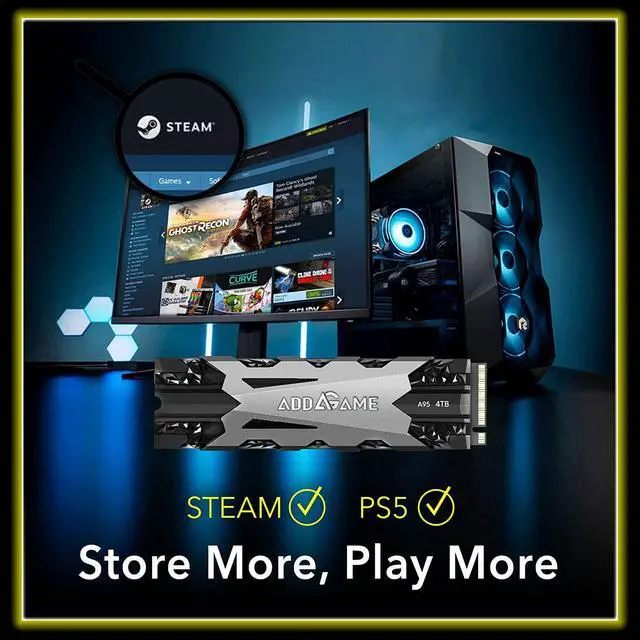 Alt view image 4 of 6 - Addgame PS5 Compatible A95 2TB 7200 MB/s Read Speed Internal Solid State Drive - M.2 2280 PCIe NVMe Gen4X4 3D TLC NAND SSD with Heatsink (ad2TBA95M2P)