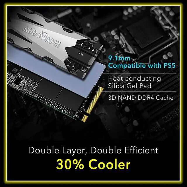 Alt view image 5 of 6 - Addgame PS5 Compatible A95 2TB 7200 MB/s Read Speed Internal Solid State Drive - M.2 2280 PCIe NVMe Gen4X4 3D TLC NAND SSD with Heatsink (ad2TBA95M2P)