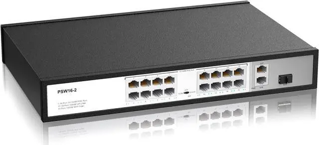 Main image of 16 Port PoE Switch, 16 PoE+ 100Mbps Ports with 2 Gigabit Uplink Ethernet Ports, 1 SFP, Unmanaged Plug and Play, Each Port Up to 30W, High Power 300W, 803.af/at Compliant, Rack Mount