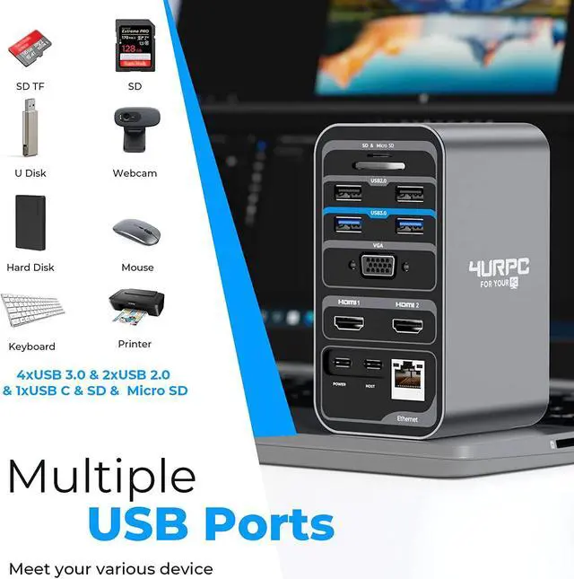 Alt view image 3 of 7 - USB C Docking Station Dual Monitor for Dell, HP, Lenovo, Surface, 4URPC 15 in 1 Laptop Docking Station, USB C Dock with Dual HDMI, 65W Power Supply, VGA, 7 USB, SD/TF, Gigabit Ethernet, Audio