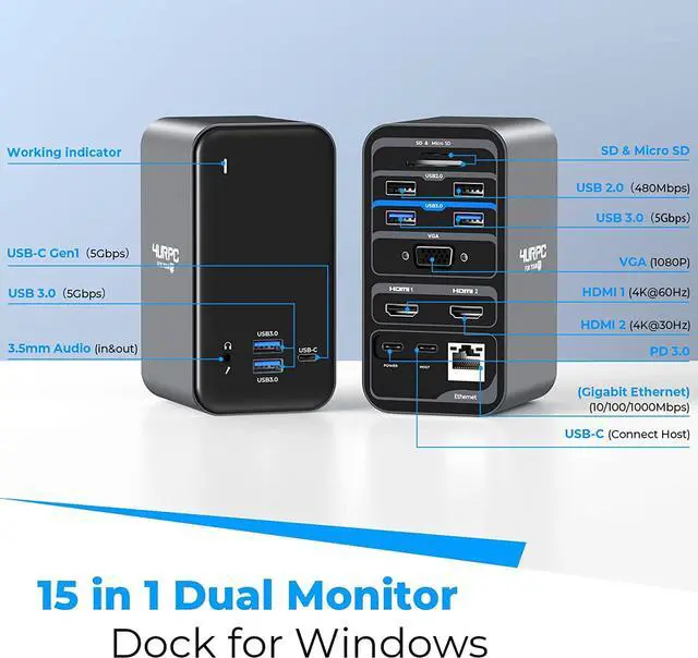 Alt view image 6 of 7 - USB C Docking Station Dual Monitor for Dell, HP, Lenovo, Surface, 4URPC 15 in 1 Laptop Docking Station, USB C Dock with Dual HDMI, 65W Power Supply, VGA, 7 USB, SD/TF, Gigabit Ethernet, Audio