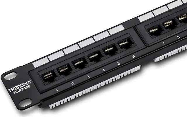 Main image of TRENDnet 24-Port Cat6 Unshielded Patch Panel, Wallmount or Rackmount, Compatible with Cat3,4,5,5e,6 Cabling, For Ethernet, Fast Ethernet, Gigabit Applications, Black, TC-P24C6