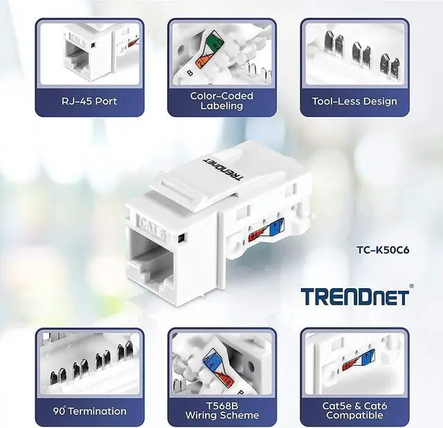 Alt view image 3 of 7 - TRENDnet Cat6 RJ45 Keystone Jack 50-Pack Bundle, TC-K50C6, Compatible with Cat5/Cat5e/Cat6 Cabling, 90° Angle Termination, Use with the TC-KP24 or TC-KP48 Blank Keystone Patch Panels(Sold Separately)