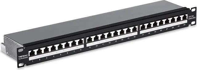 Main image of TRENDnet 24-Port Cat6A Shielded Patch Panel, 1U 19" Metal Housing, 10G Ready, Cat5e,Cat6,Cat6A Compatible, Cable Management, Color-Coded Labeling for T568A and T568B Wiring, Black, TC-P24C6AS