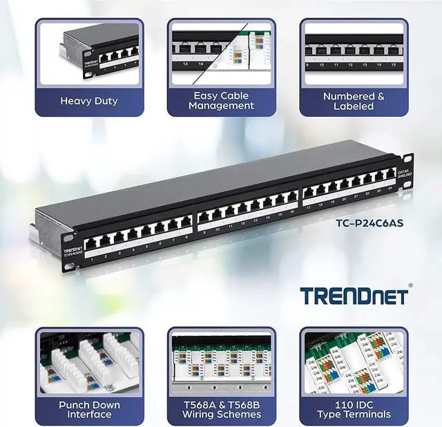Alt view image 2 of 7 - TRENDnet 24-Port Cat6A Shielded Patch Panel, 1U 19" Metal Housing, 10G Ready, Cat5e,Cat6,Cat6A Compatible, Cable Management, Color-Coded Labeling for T568A and T568B Wiring, Black, TC-P24C6AS