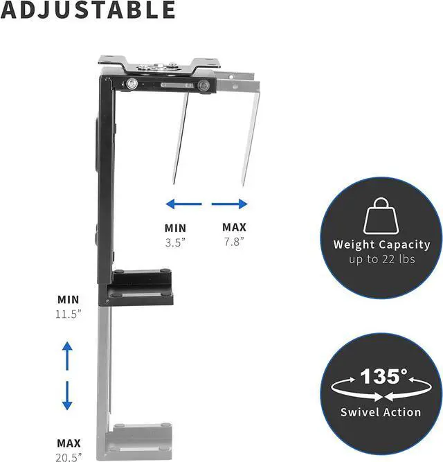 Alt view image 3 of 7 - Adjustable Under Desk and Wall PC Mount, Computer Case CPU Holder with Swivel Action and Secure Locking, Black, MOUNT-PC01