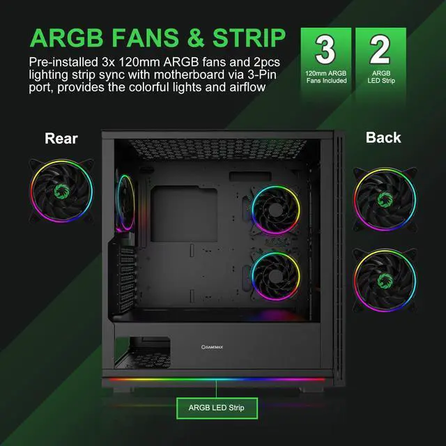 Alt view image 2 of 7 - GameMax Trooper ARGB ATX Computer case Mid-Tower PC Gaming case with 3 ARGB Fans