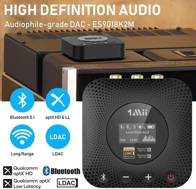 Alt view image 2 of 6 - 1Mii B06HD+ Hi-Res Bluetooth 5.1 Music Receiver for Home Stereo w/LDAC, Hi-Fi Bluetooth Adapter w/Audiophile DAC aptX HD Volume Control OLED Display, Wireless Audio Adapter for AV Receiver/Amplifier