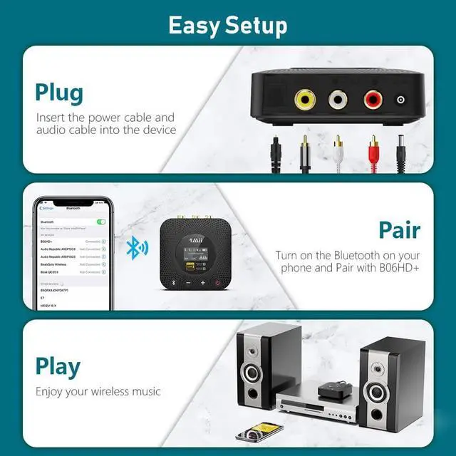 Alt view image 5 of 6 - 1Mii B06HD+ Hi-Res Bluetooth 5.1 Music Receiver for Home Stereo w/LDAC, Hi-Fi Bluetooth Adapter w/Audiophile DAC aptX HD Volume Control OLED Display, Wireless Audio Adapter for AV Receiver/Amplifier