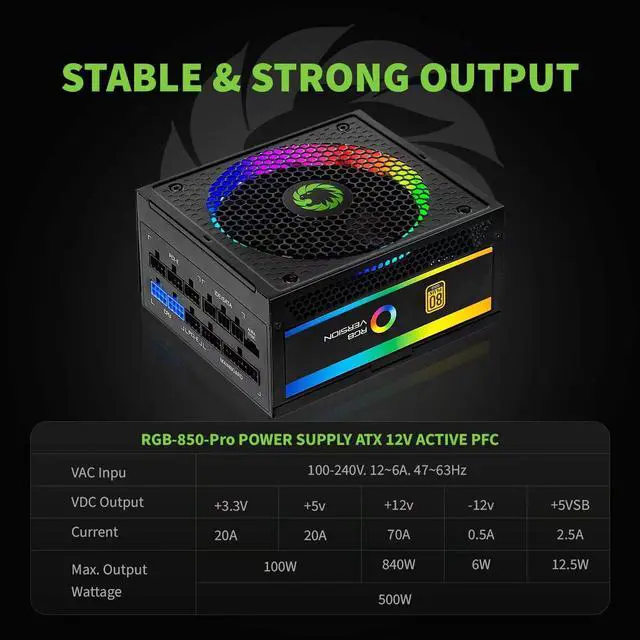 Alt view image 5 of 6 - GAMEMAX 850W Power Supply, Fully Modular, 80 Plus Gold, ARGB SYNC with Motherboard, RGB-850 Pro