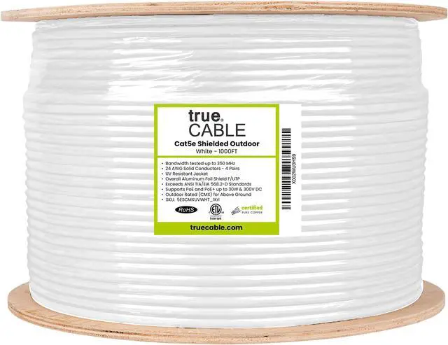 Alt view image 4 of 5 - Cat5e Outdoor, Shielded FTP, 1000ft, UV Resistant, Aerial CMX Rated, White, 24AWG Solid Bare Copper, 350MHz, PoE++ (4PPoE), ETL Listed, Bulk Ethernet Cable