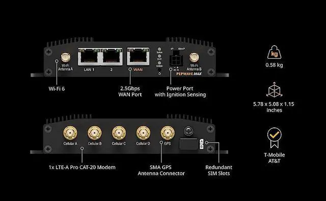 Alt view image 6 of 7 - Peplink MAX BR1 Pro [CAT 20] | LTE-A Pro Modem with Redundant SIM Slots | Wi-Fi 6 | GPS Receiver| Drop-In Mode, Load Balancing / Failover, Ignition Sensing | MAX-BR1-PRO-GLTE-S-T-PRM