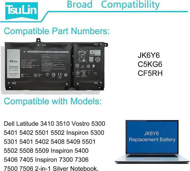 Alt view image 6 of 7 - 40Wh JK6Y6 Laptop Battery Replacement for Dell Latitude 3410 3510 Vostro 5300 5401 5501 Inspiron 5300 5301 5401 5402 5408 5409 5501 5502 5508 5509 5400 5406 7300 7306 7405 7500 7506 2-in-1 Silver