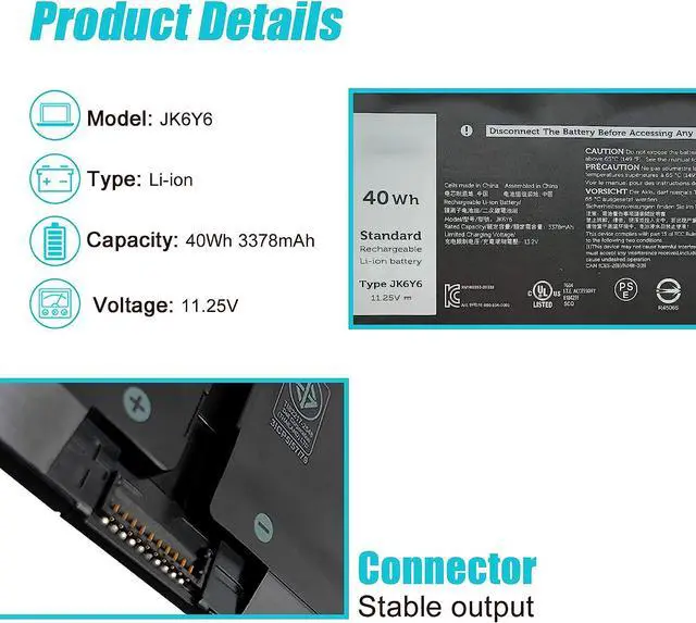Alt view image 2 of 7 - 40Wh JK6Y6 Laptop Battery Replacement for Dell Latitude 3410 3510 Vostro 5300 5401 5501 Inspiron 5300 5301 5401 5402 5408 5409 5501 5502 5508 5509 5400 5406 7300 7306 7405 7500 7506 2-in-1 Silver