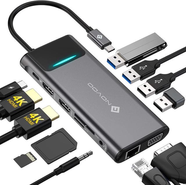Novoo 7-in-2 USB-C Hub with 2 USB 3.0 Port, 2 USB-C PD Port, SD Card and  microSD Card Slot, HDMI Port, Dark Grey