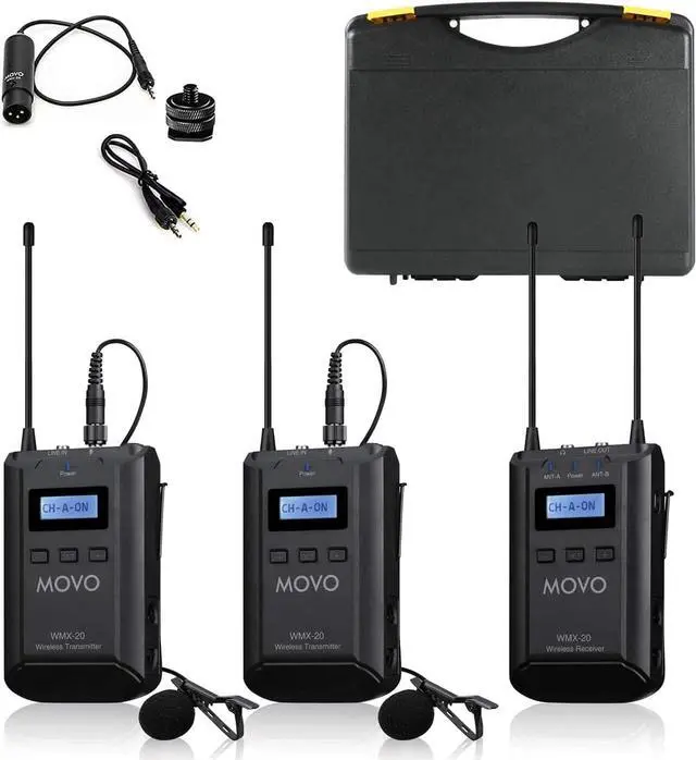 Main image of Movo WMX-20-DUO 48-Channel UHF Wireless Lavalier Microphone System with 1 Receiver, 2 Transmitters, and 2 Lapel Microphones Compatible with DSLR Cameras (330' ft Audio Range)