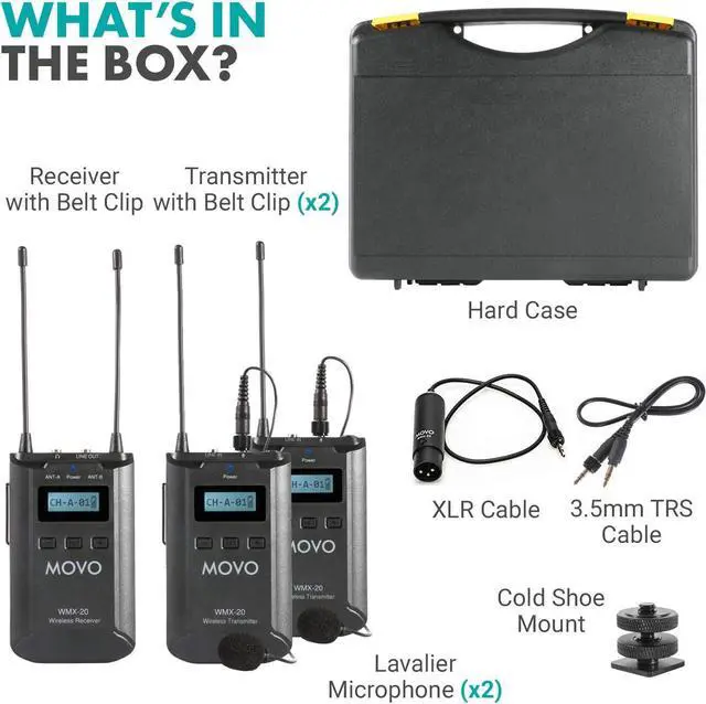 Alt view image 2 of 7 - Movo WMX-20-DUO 48-Channel UHF Wireless Lavalier Microphone System with 1 Receiver, 2 Transmitters, and 2 Lapel Microphones Compatible with DSLR Cameras (330' ft Audio Range)