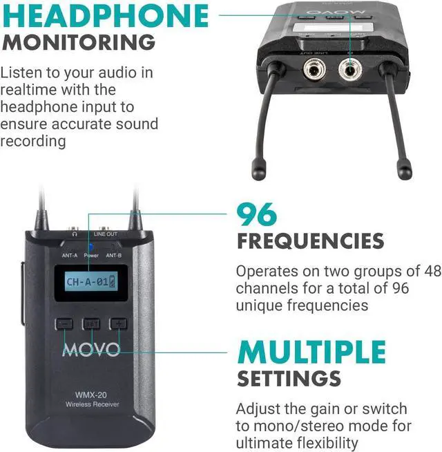 Alt view image 4 of 7 - Movo WMX-20-DUO 48-Channel UHF Wireless Lavalier Microphone System with 1 Receiver, 2 Transmitters, and 2 Lapel Microphones Compatible with DSLR Cameras (330' ft Audio Range)